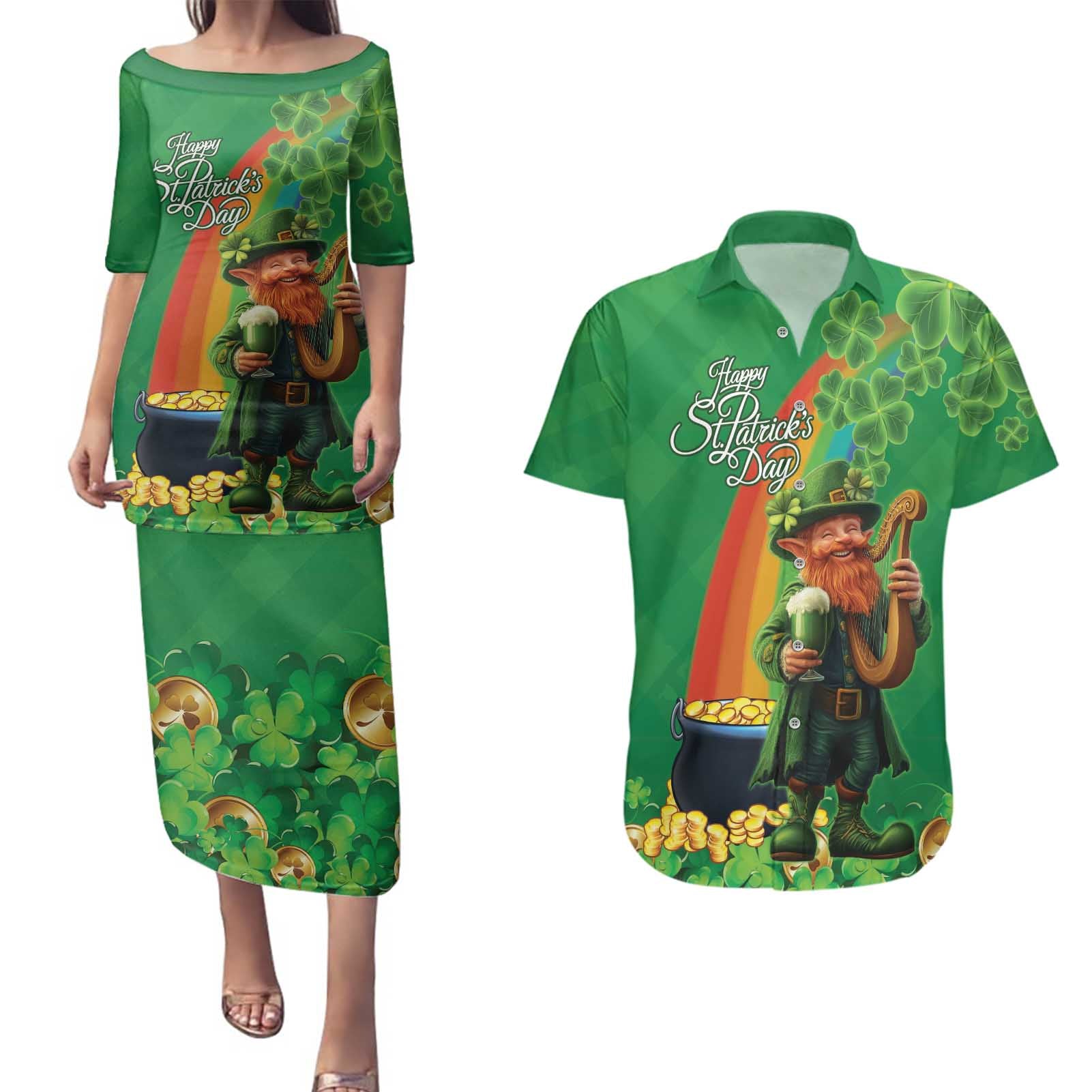 Happy Saint Patrick's Day Couples Matching Puletasi and Hawaiian Shirt Cheerful Leprechaun Irish Harp