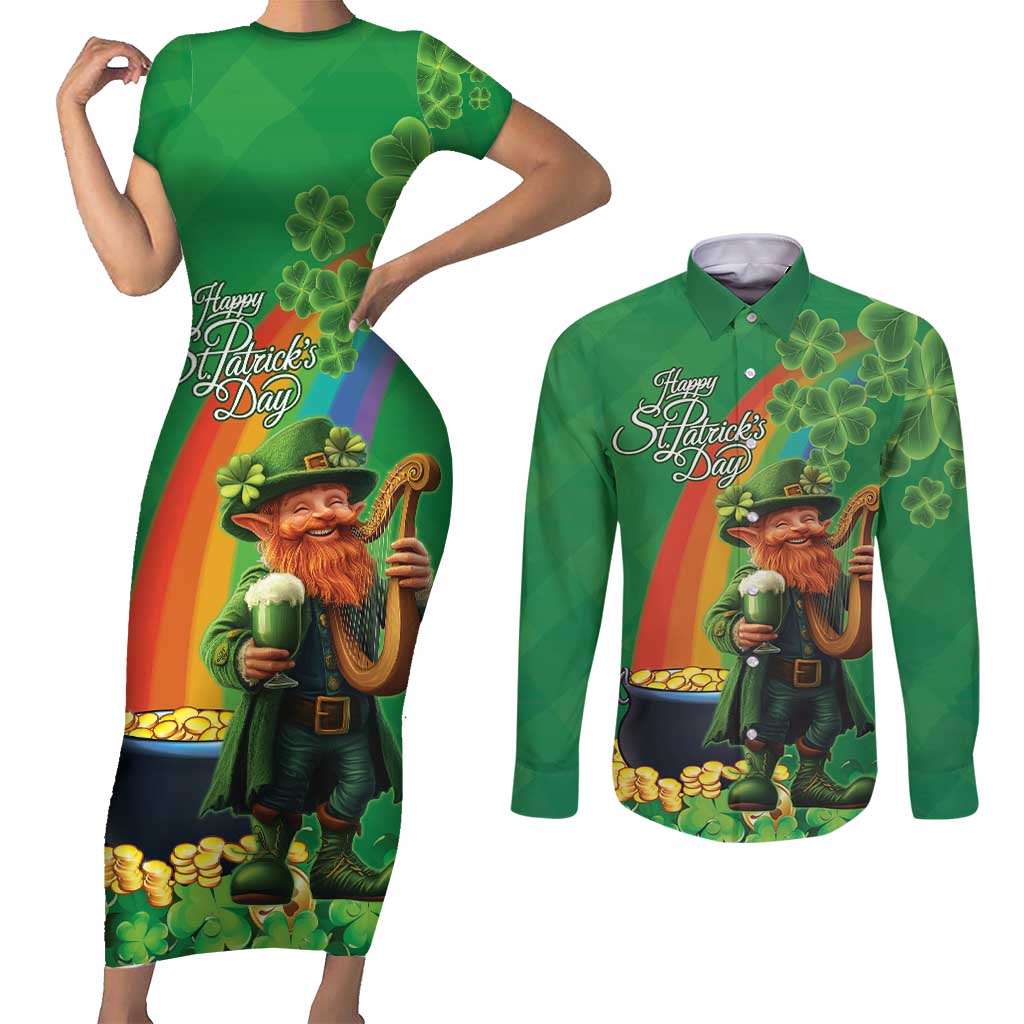 Happy Saint Patrick's Day Couples Matching Short Sleeve Bodycon Dress and Long Sleeve Button Shirt Cheerful Leprechaun Irish Harp