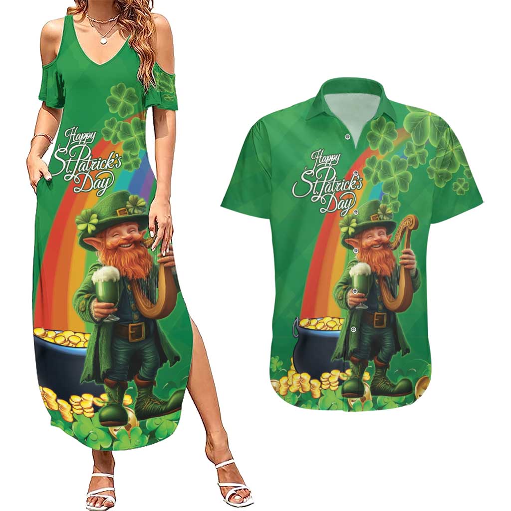 Happy Saint Patrick's Day Couples Matching Summer Maxi Dress and Hawaiian Shirt Cheerful Leprechaun Irish Harp