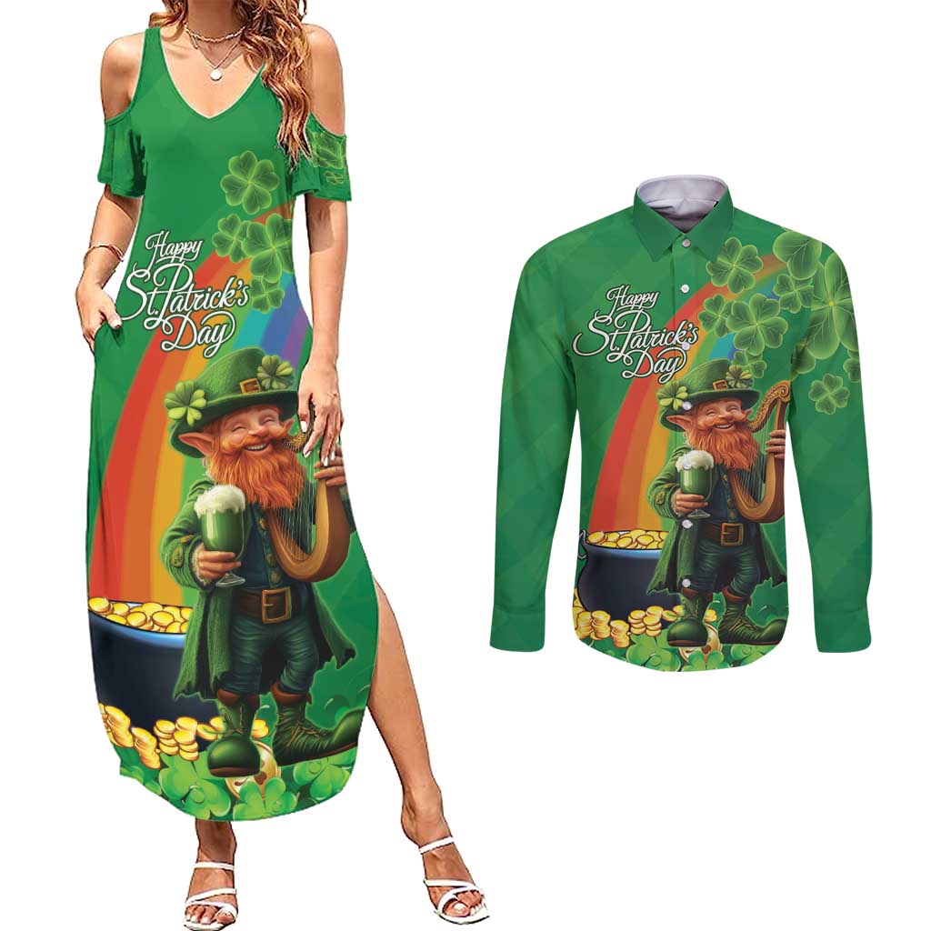 Happy Saint Patrick's Day Couples Matching Summer Maxi Dress and Long Sleeve Button Shirt Cheerful Leprechaun Irish Harp