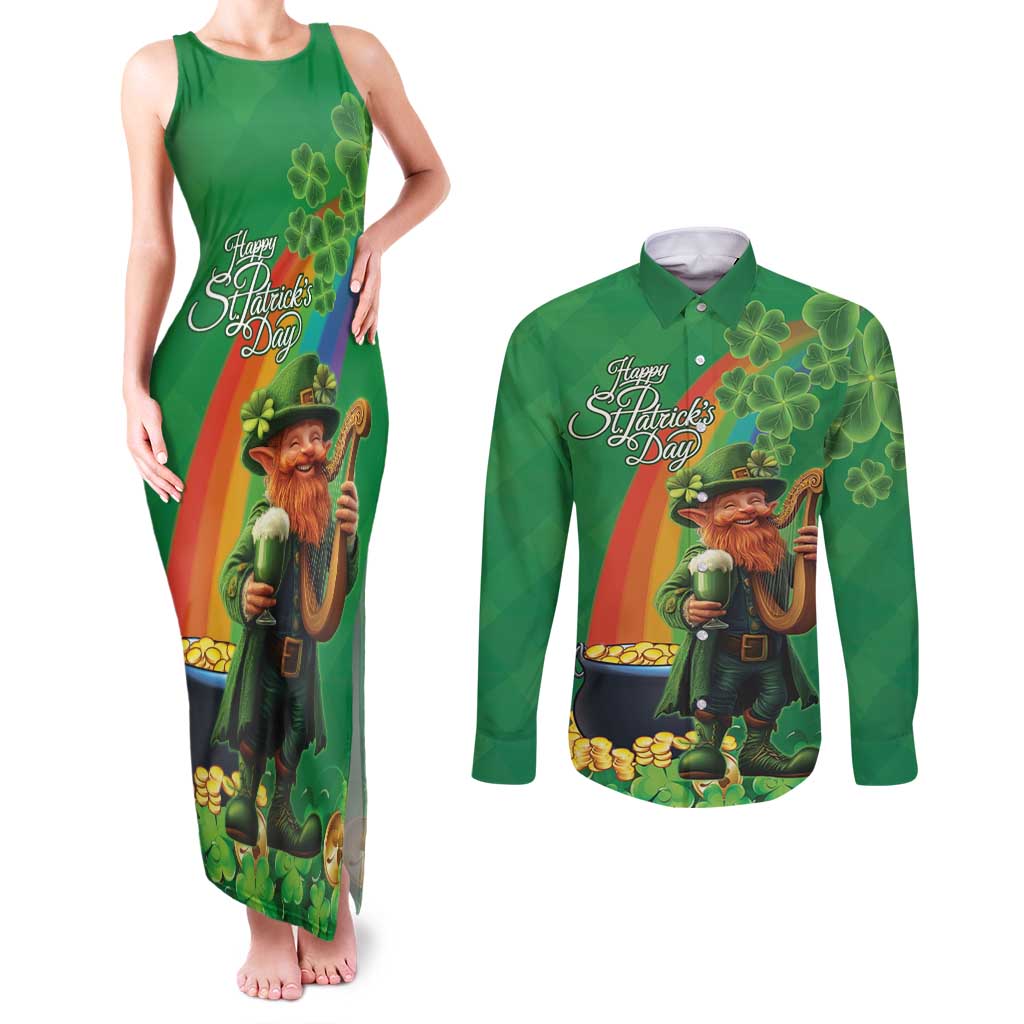 Happy Saint Patrick's Day Couples Matching Tank Maxi Dress and Long Sleeve Button Shirt Cheerful Leprechaun Irish Harp