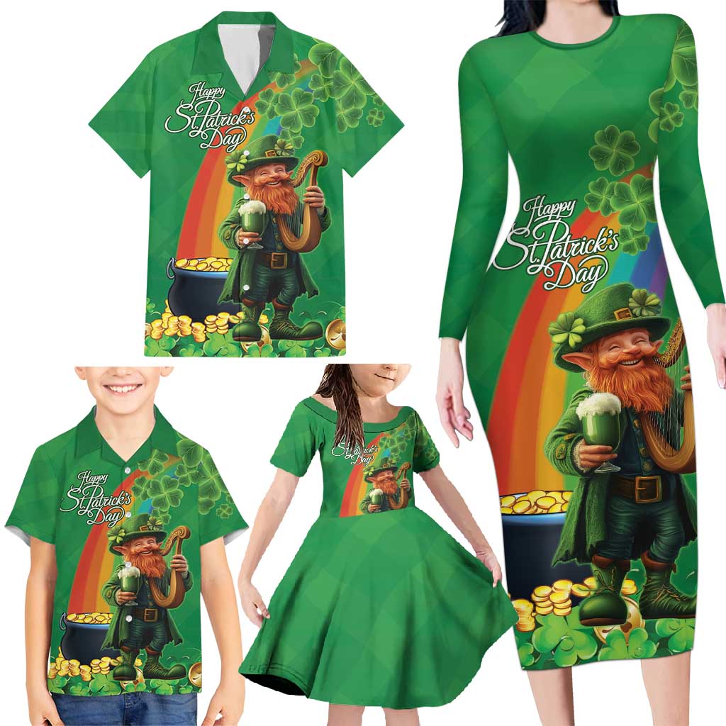 Happy Saint Patrick's Day Family Matching Long Sleeve Bodycon Dress and Hawaiian Shirt Cheerful Leprechaun Irish Harp