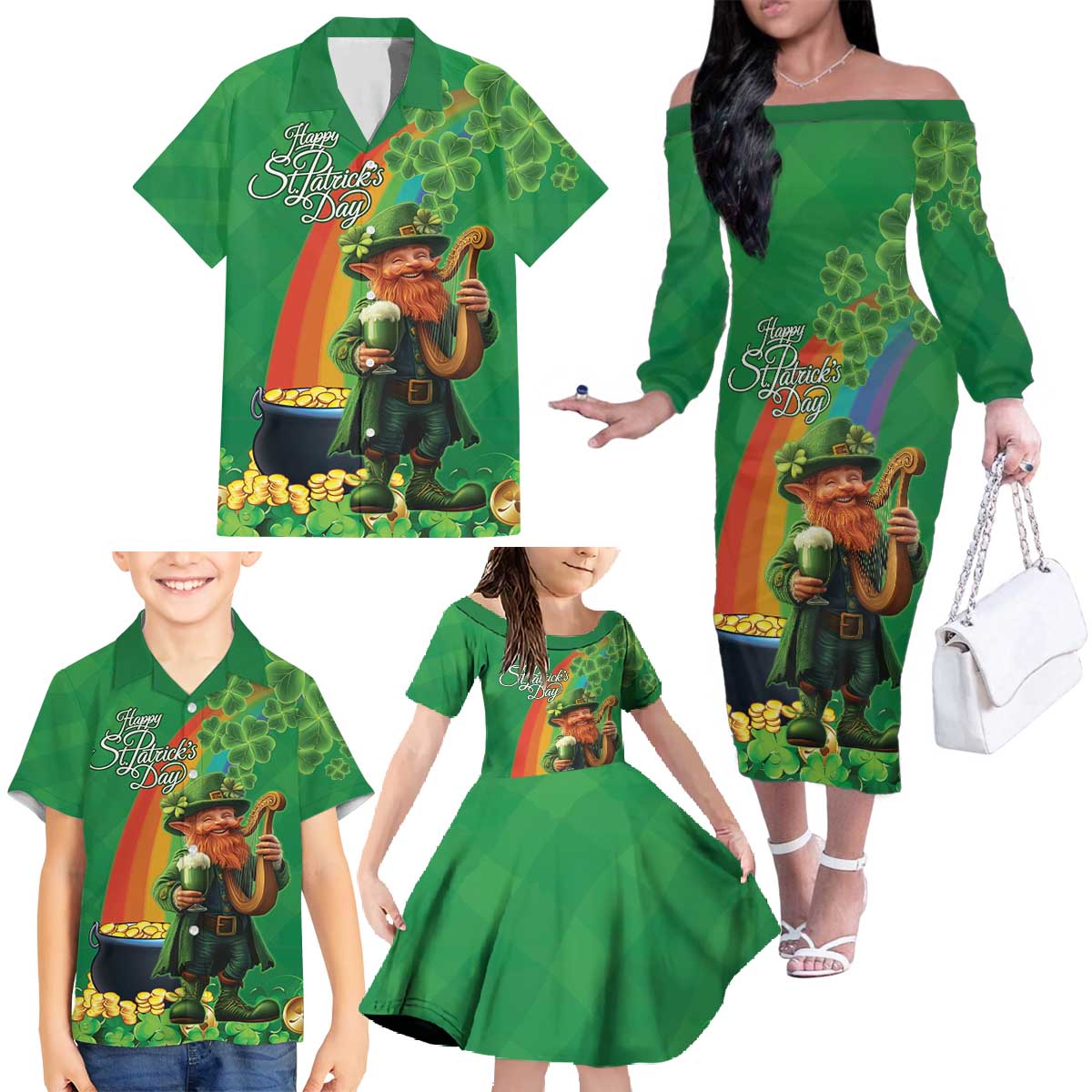 Happy Saint Patrick's Day Family Matching Off The Shoulder Long Sleeve Dress and Hawaiian Shirt Cheerful Leprechaun Irish Harp