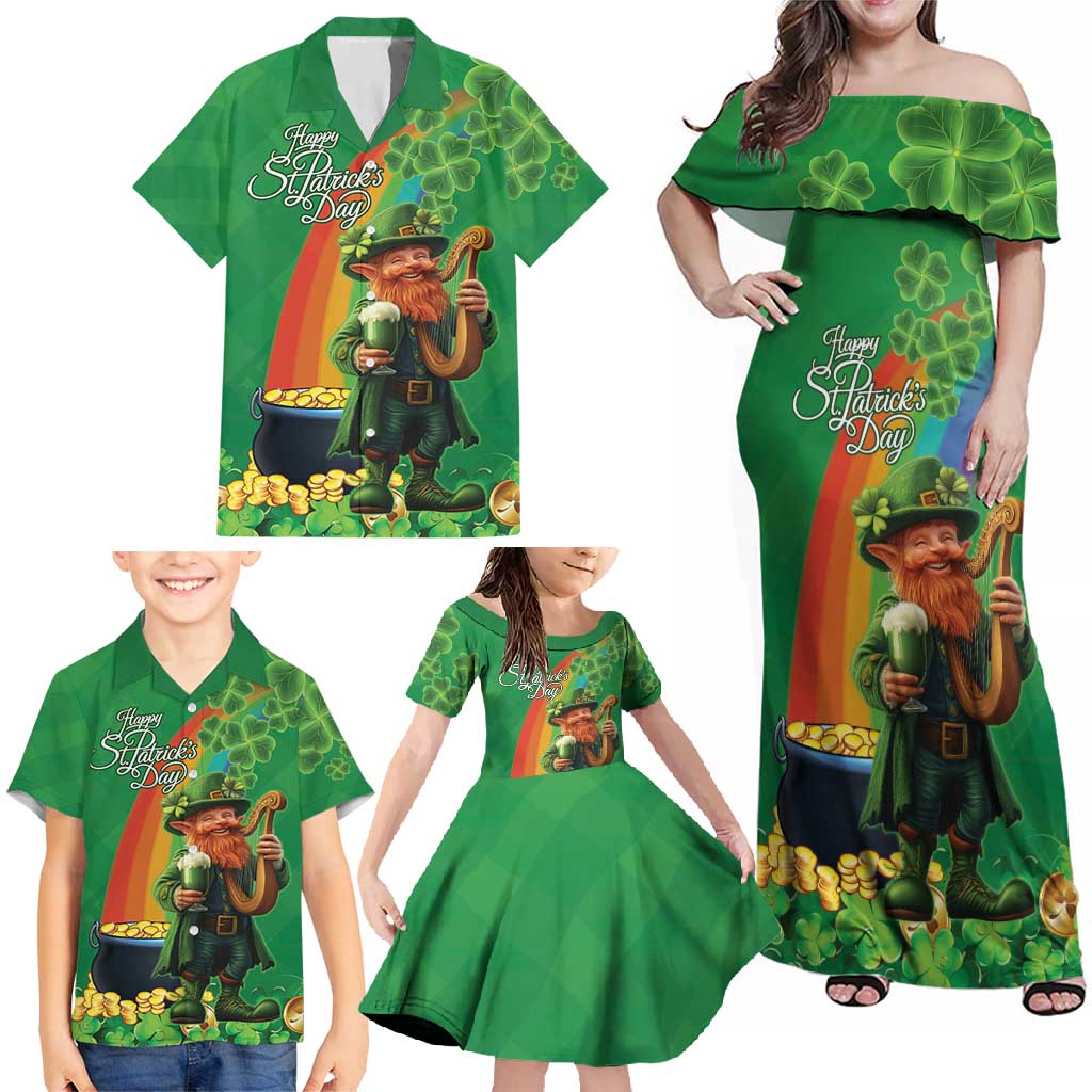 Happy Saint Patrick's Day Family Matching Off Shoulder Maxi Dress and Hawaiian Shirt Cheerful Leprechaun Irish Harp