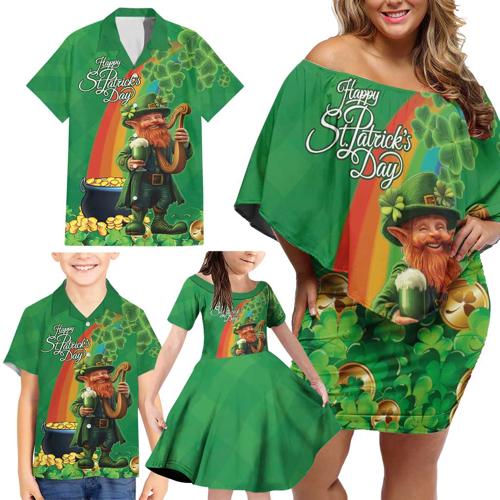 Happy Saint Patrick's Day Family Matching Off Shoulder Short Dress and Hawaiian Shirt Cheerful Leprechaun Irish Harp