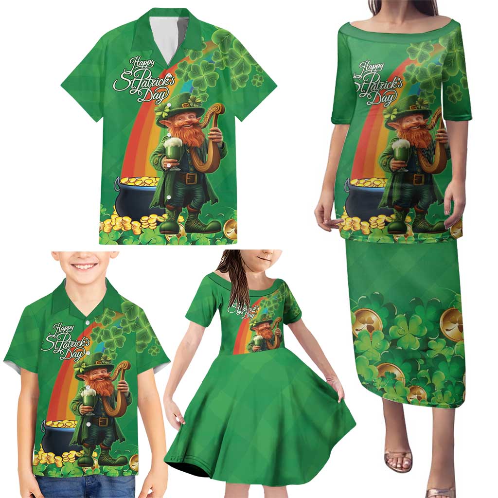 Happy Saint Patrick's Day Family Matching Puletasi and Hawaiian Shirt Cheerful Leprechaun Irish Harp