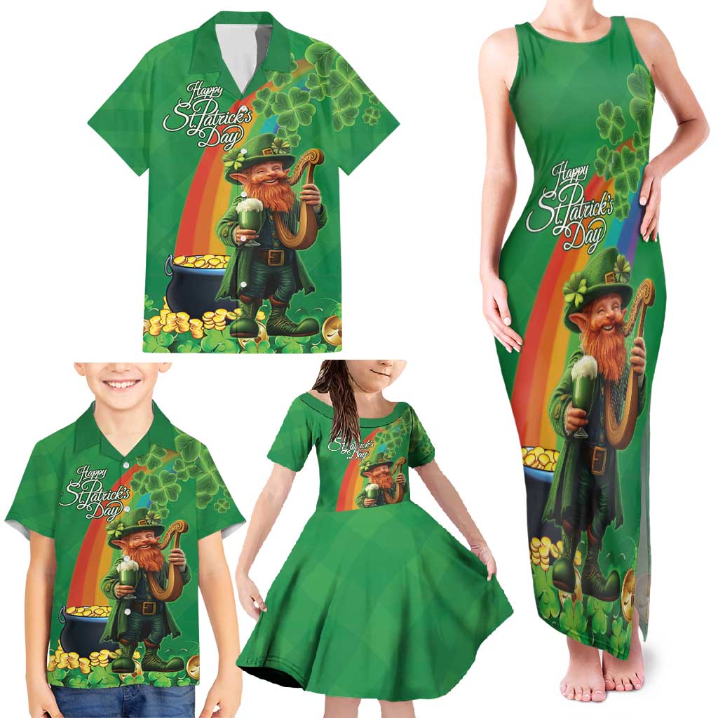 Happy Saint Patrick's Day Family Matching Tank Maxi Dress and Hawaiian Shirt Cheerful Leprechaun Irish Harp