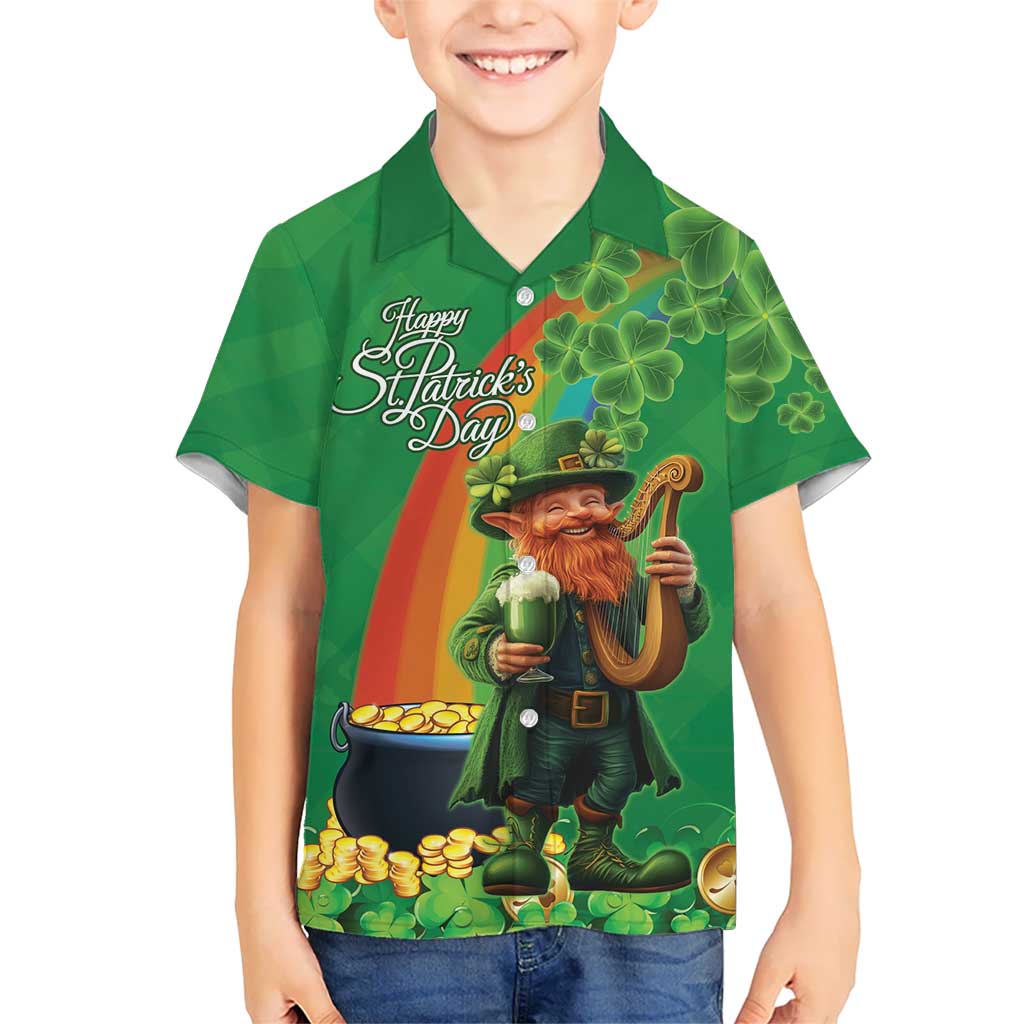 Happy Saint Patrick's Day Kid Hawaiian Shirt Cheerful Leprechaun Irish Harp