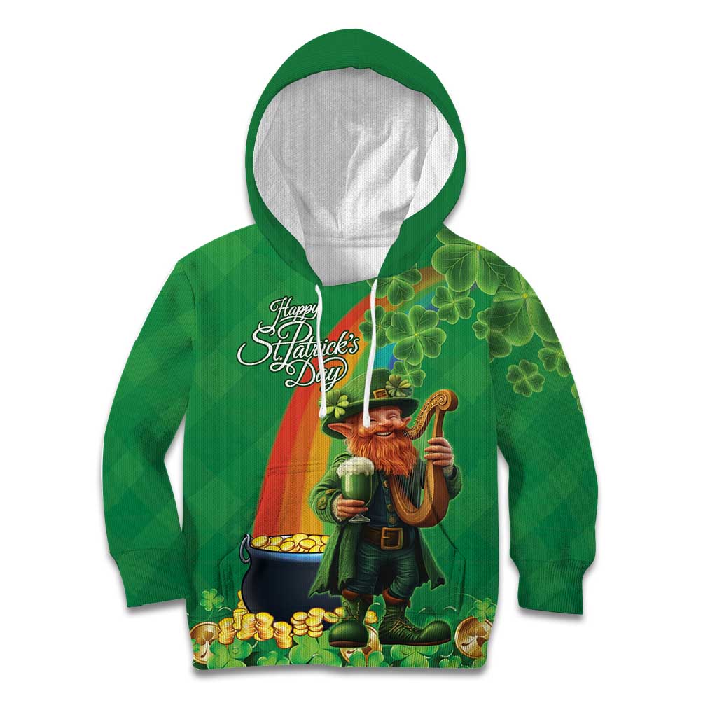 Happy Saint Patrick's Day Kid Hoodie Cheerful Leprechaun Irish Harp