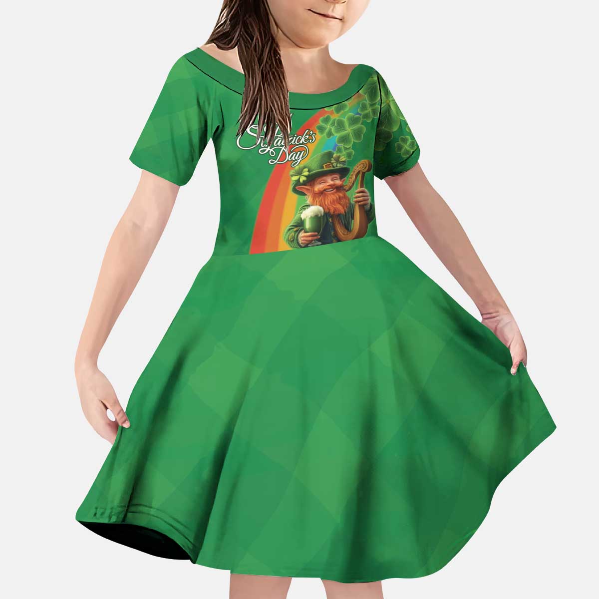 Happy Saint Patrick's Day Kid Short Sleeve Dress Cheerful Leprechaun Irish Harp