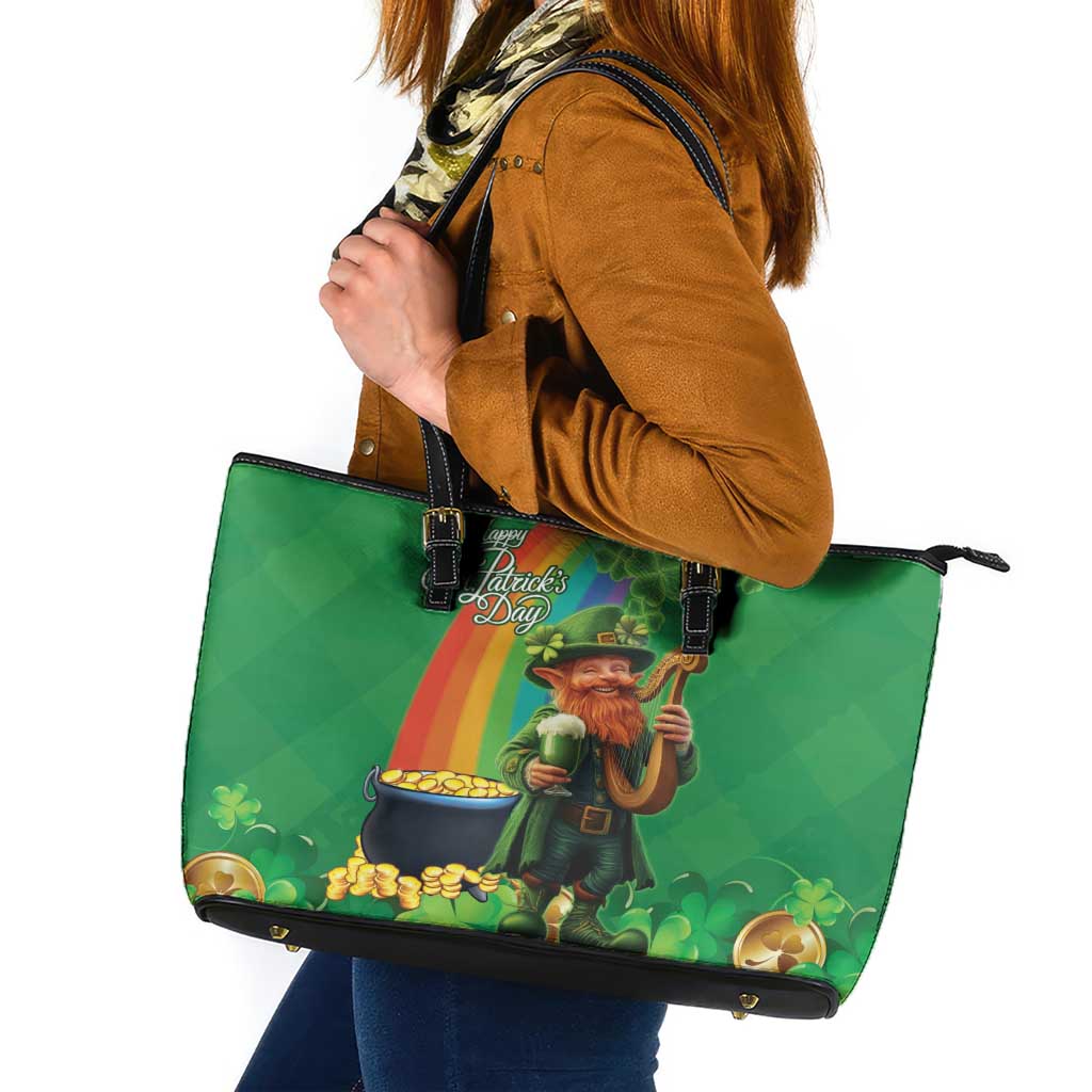 Happy Saint Patrick's Day Leather Tote Bag Cheerful Leprechaun Irish Harp