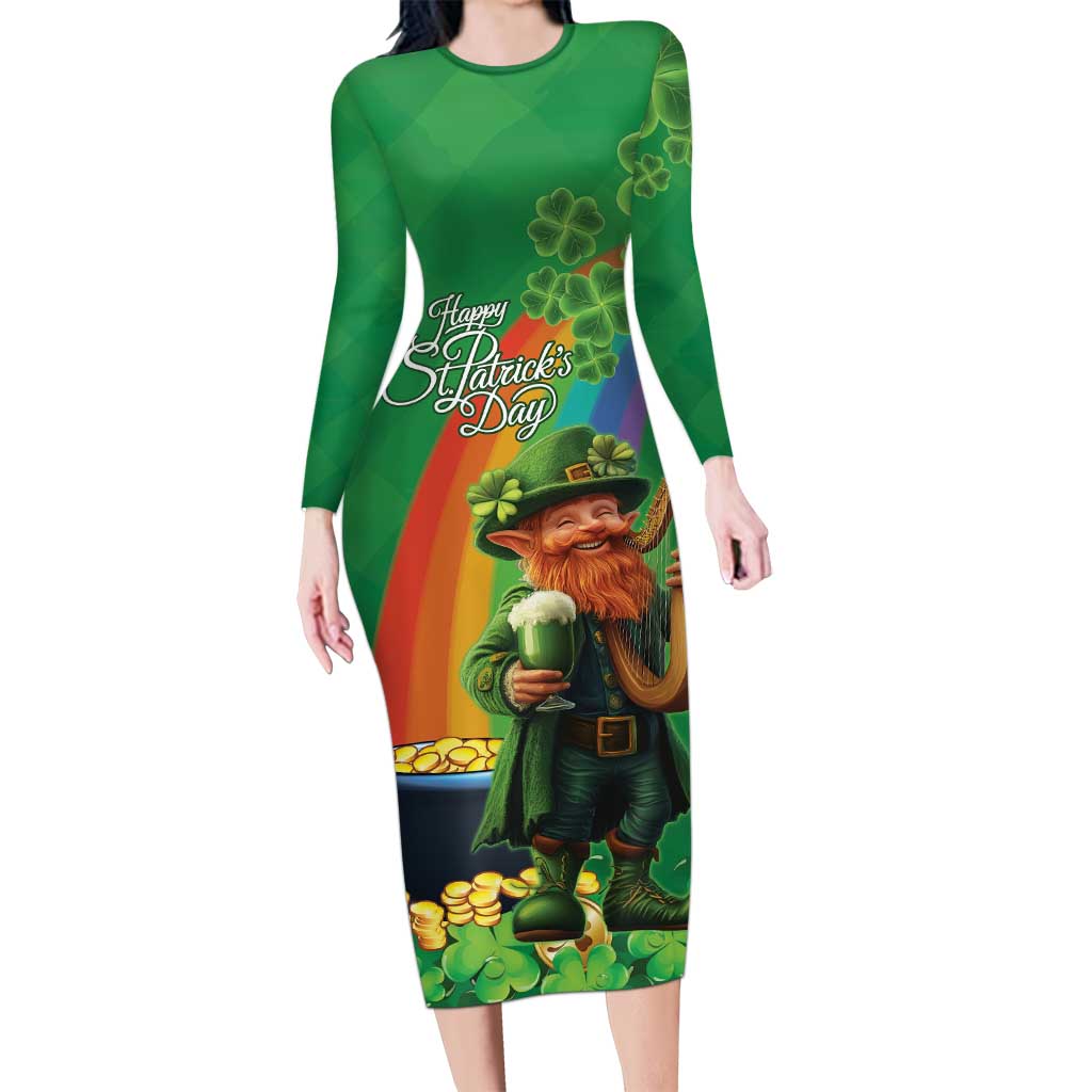 Happy Saint Patrick's Day Long Sleeve Bodycon Dress Cheerful Leprechaun Irish Harp