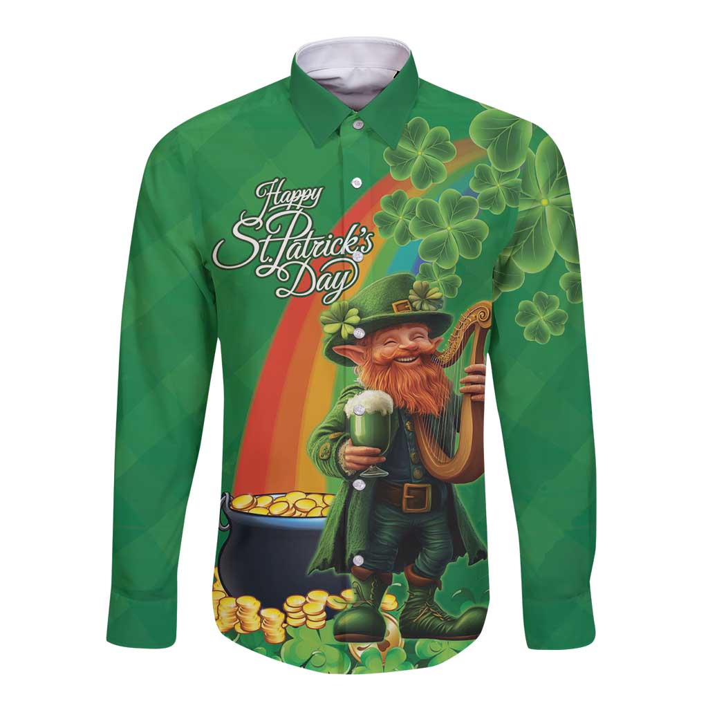 Happy Saint Patrick's Day Long Sleeve Button Shirt Cheerful Leprechaun Irish Harp