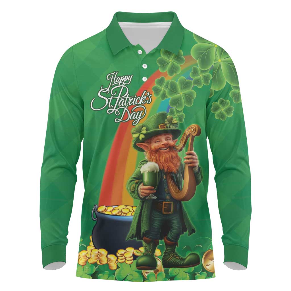 Happy Saint Patrick's Day Long Sleeve Polo Shirt Cheerful Leprechaun Irish Harp