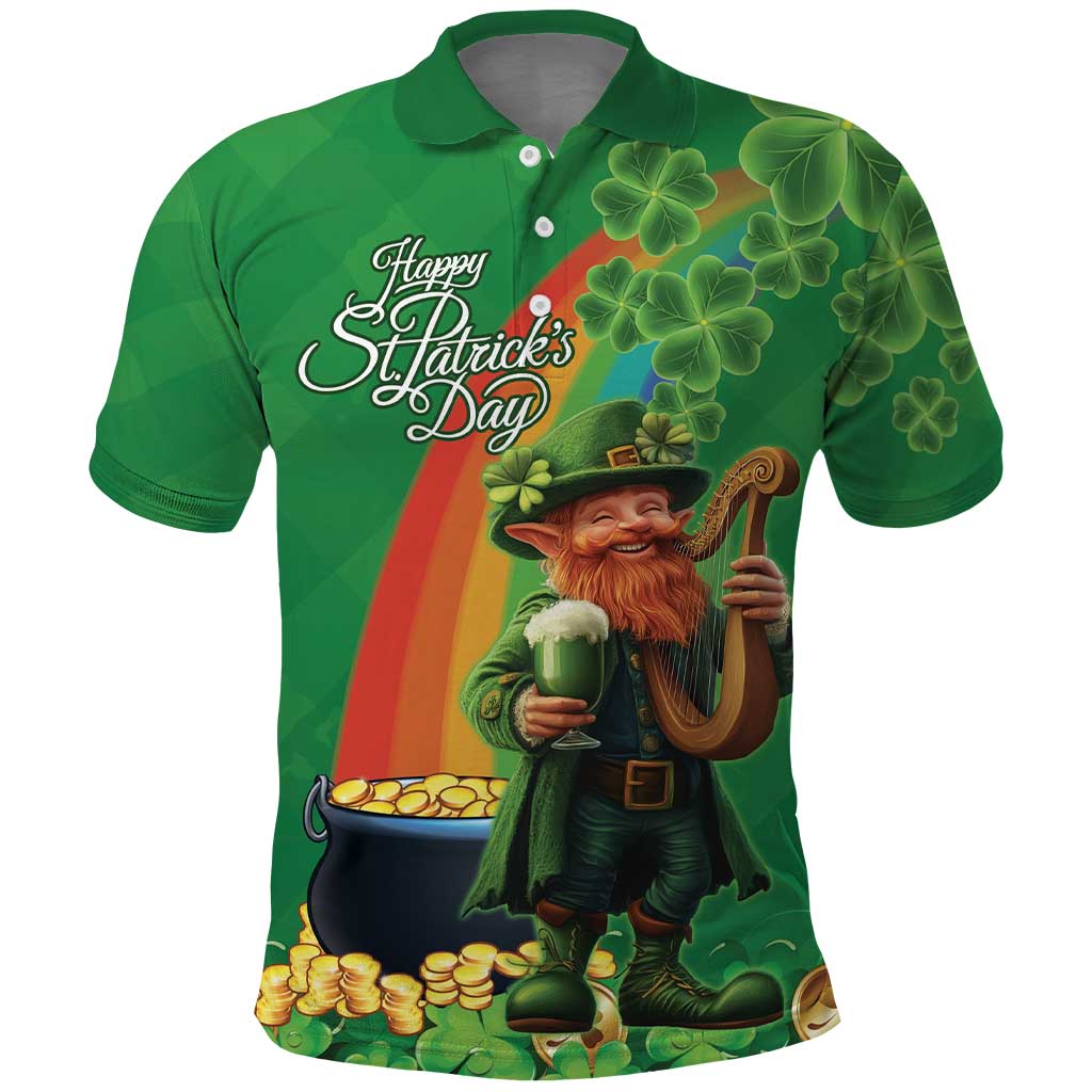 Happy Saint Patrick's Day Polo Shirt Cheerful Leprechaun Irish Harp