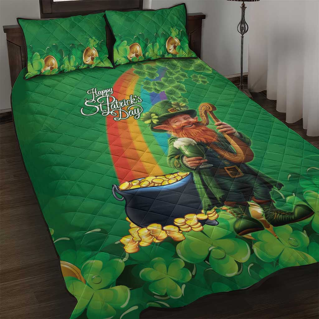 Happy Saint Patrick's Day Quilt Bed Set Cheerful Leprechaun Irish Harp