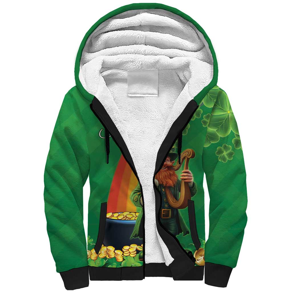 Happy Saint Patrick's Day Sherpa Hoodie Cheerful Leprechaun Irish Harp