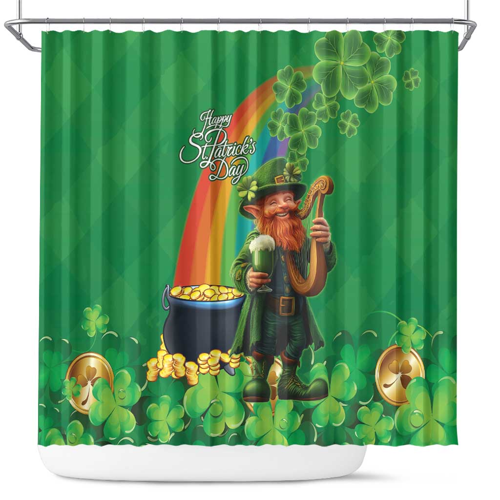 Happy Saint Patrick's Day Shower Curtain Cheerful Leprechaun Irish Harp