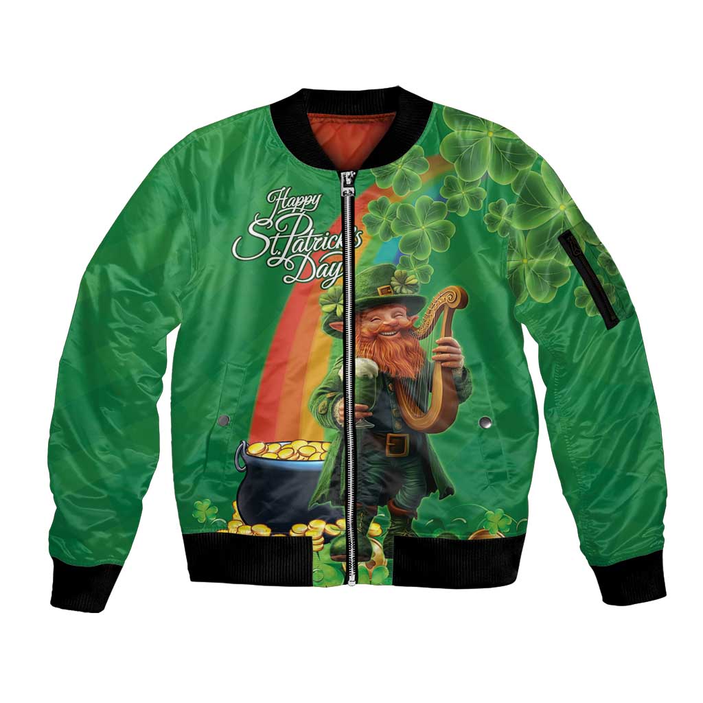 Happy Saint Patrick's Day Sleeve Zip Bomber Jacket Cheerful Leprechaun Irish Harp