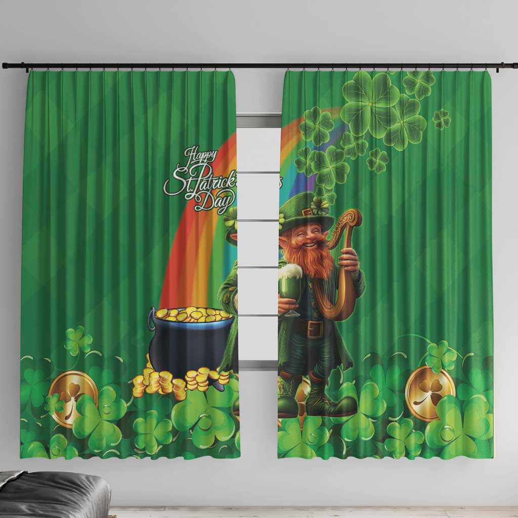 Green St. Patrick’s Day window curtains with leprechaun holding a harp and clover pattern