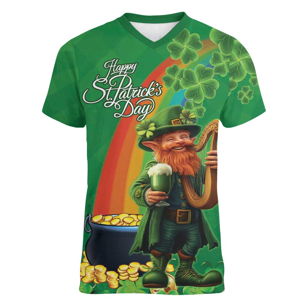 Happy Saint Patrick's Day Women V-Neck T-Shirt Cheerful Leprechaun Irish Harp