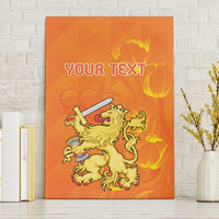Orange canvas wall art with 'YOUR TEXT' and golden lion holding a sword, flames