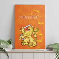 Orange canvas wall art showing 'YOUR TEXT' over a golden lion with sword and flames