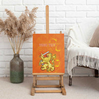 Orange canvas wall art with 'YOUR TEXT' and golden lion holding sword, surrounded by flames