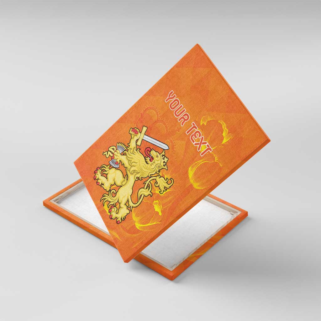 Orange canvas wall art with 'YOUR TEXT' and golden lion holding sword, with wood frame