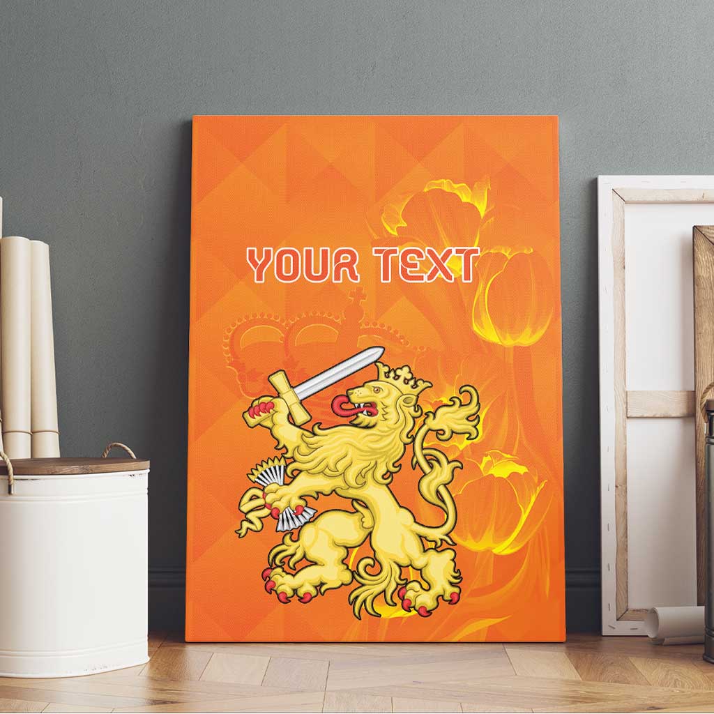 Orange canvas wall art with 'YOUR TEXT' and golden lion holding sword, in a wood frame