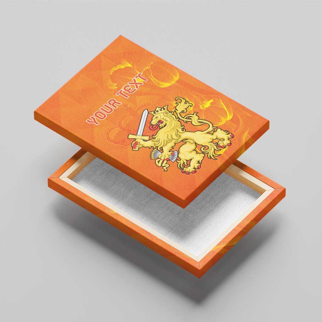 Orange canvas wall art with 'YOUR TEXT' and golden lion holding sword, angled in wood frame