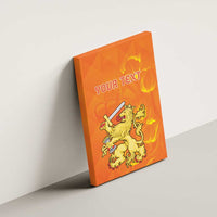 Orange canvas wall art with 'YOUR TEXT' and golden lion holding sword, side view