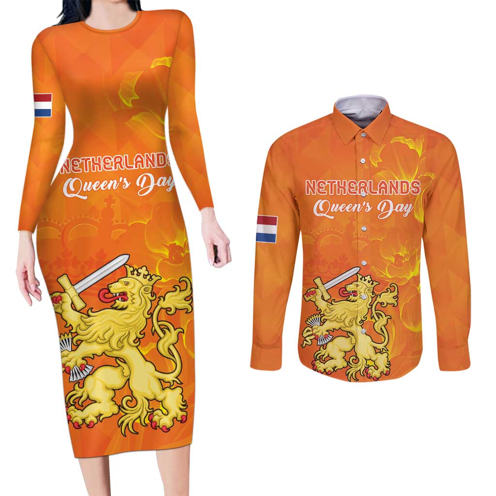 Personalized Netherlands Queen's Day Couples Matching Long Sleeve Bodycon Dress and Long Sleeve Button Shirt Koninginnedag Royal Crown