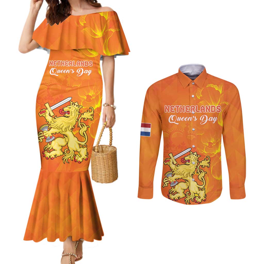 Personalized Netherlands Queen's Day Couples Matching Mermaid Dress and Long Sleeve Button Shirt Koninginnedag Royal Crown