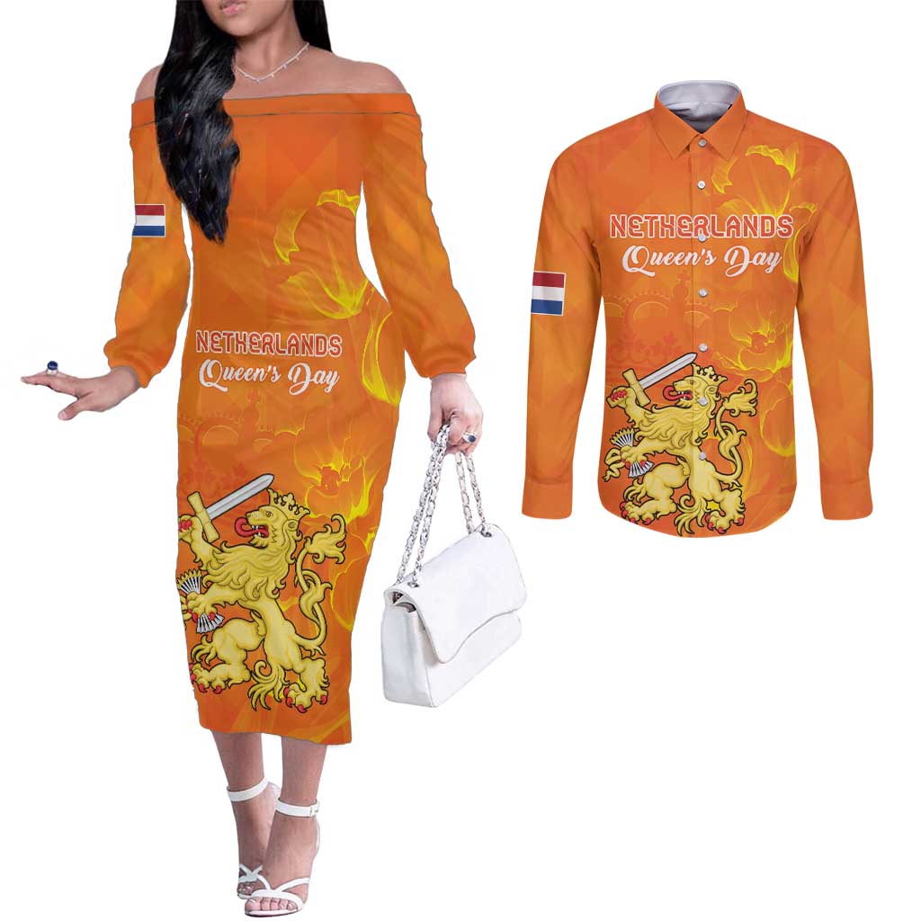 Personalized Netherlands Queen's Day Couples Matching Off The Shoulder Long Sleeve Dress and Long Sleeve Button Shirt Koninginnedag Royal Crown