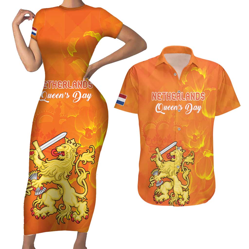 Personalized Netherlands Queen's Day Couples Matching Short Sleeve Bodycon Dress and Hawaiian Shirt Koninginnedag Royal Crown