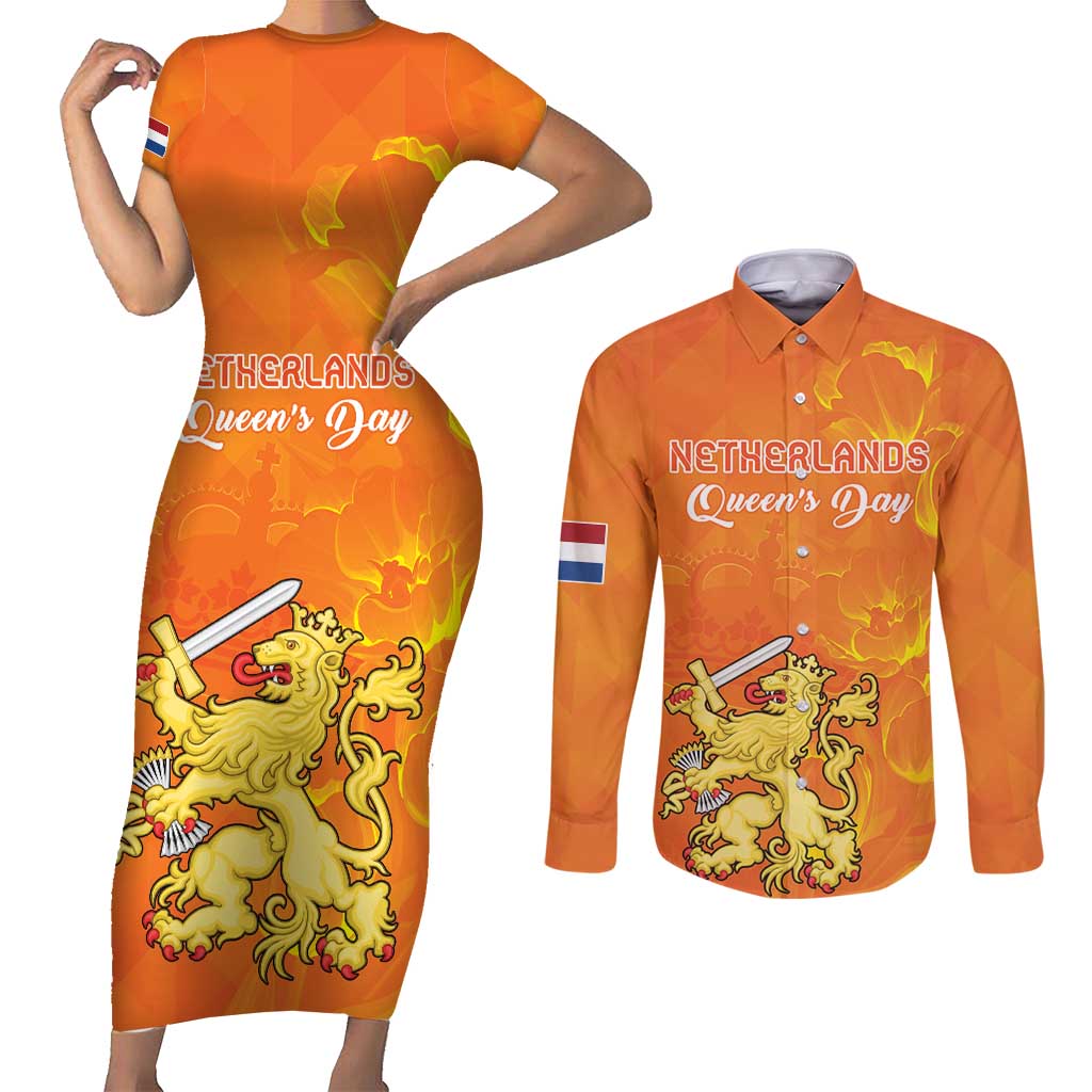 Personalized Netherlands Queen's Day Couples Matching Short Sleeve Bodycon Dress and Long Sleeve Button Shirt Koninginnedag Royal Crown