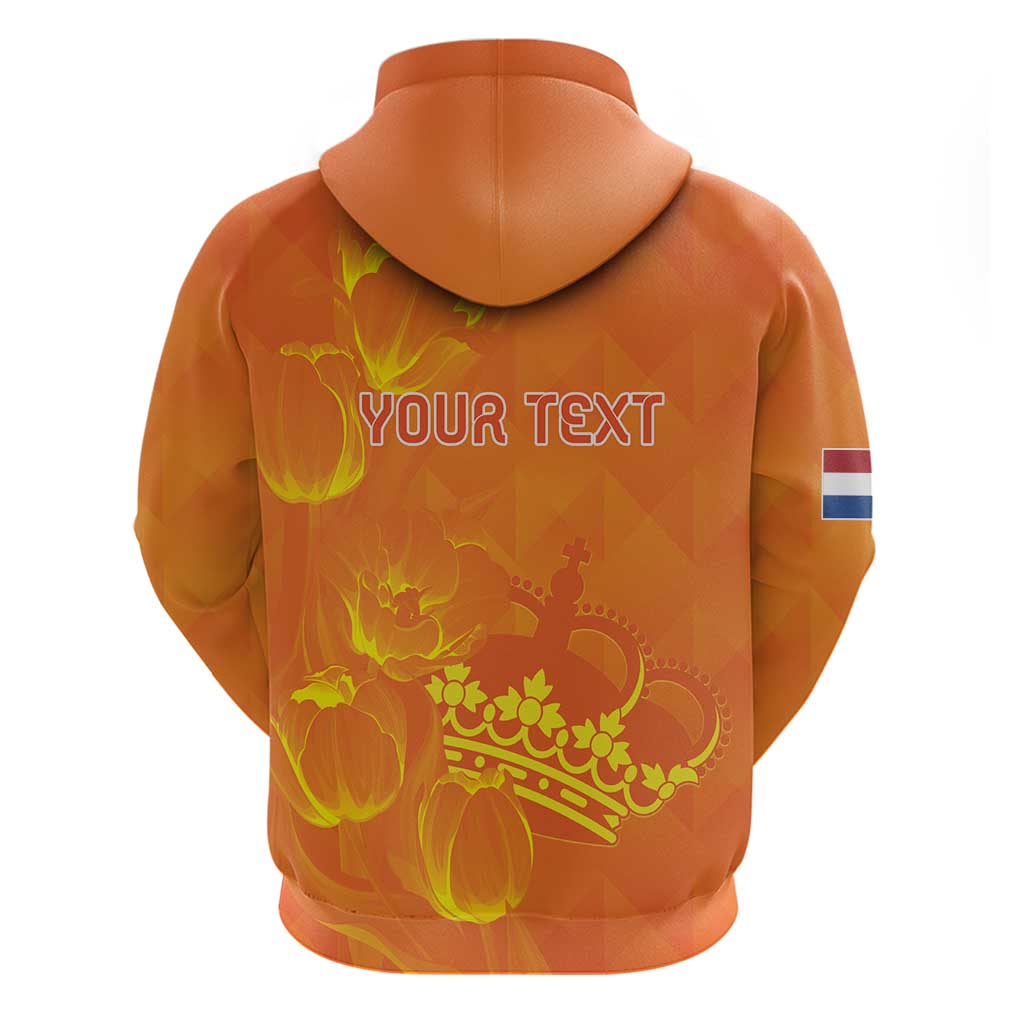 Orange hoodie back with "YOUR TEXT" and crown graphic, plus Netherlands flag sleeve