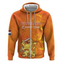 Orange zip hoodie with central zipper, Netherlands flag sleeve, and "Queen's Day" crown graphic