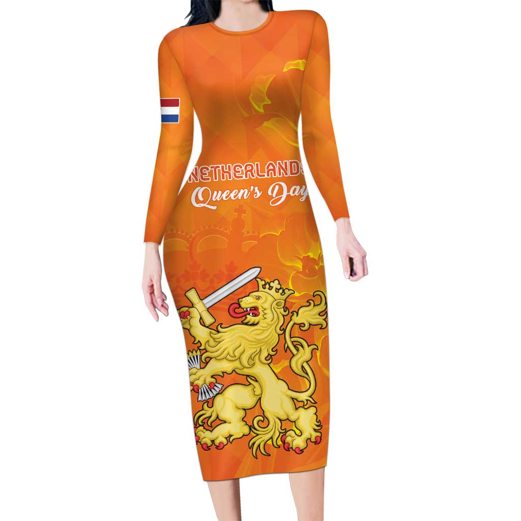 Personalized Netherlands Queen's Day Long Sleeve Bodycon Dress Koninginnedag Royal Crown