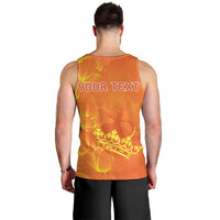 Men's orange tank top back with 'YOUR TEXT' and crown graphic