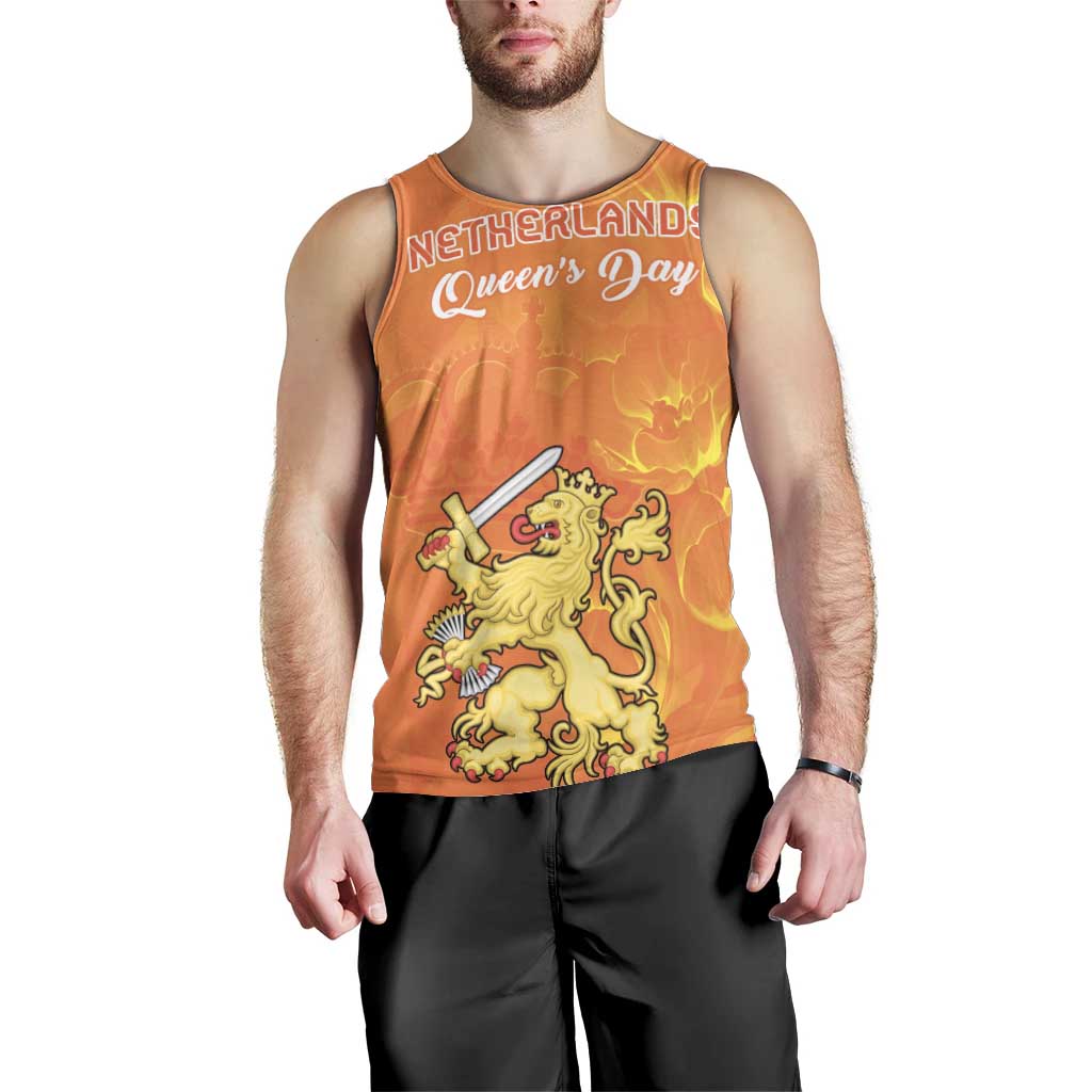 Men's orange tank top with Netherlands Queen's Day text and lion crest front