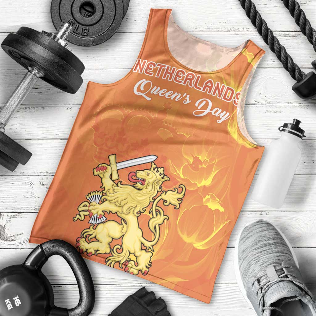 Men's orange tank top with Netherlands Queen's Day front graphic and lion crest