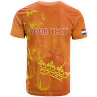 Orange T-shirt back with YOUR TEXT and crown with floral pattern, flag patch on sleeve