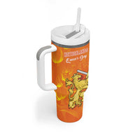 Orange Queen’s Day tumbler with handle and straw, Netherlands title and lion crown artwork