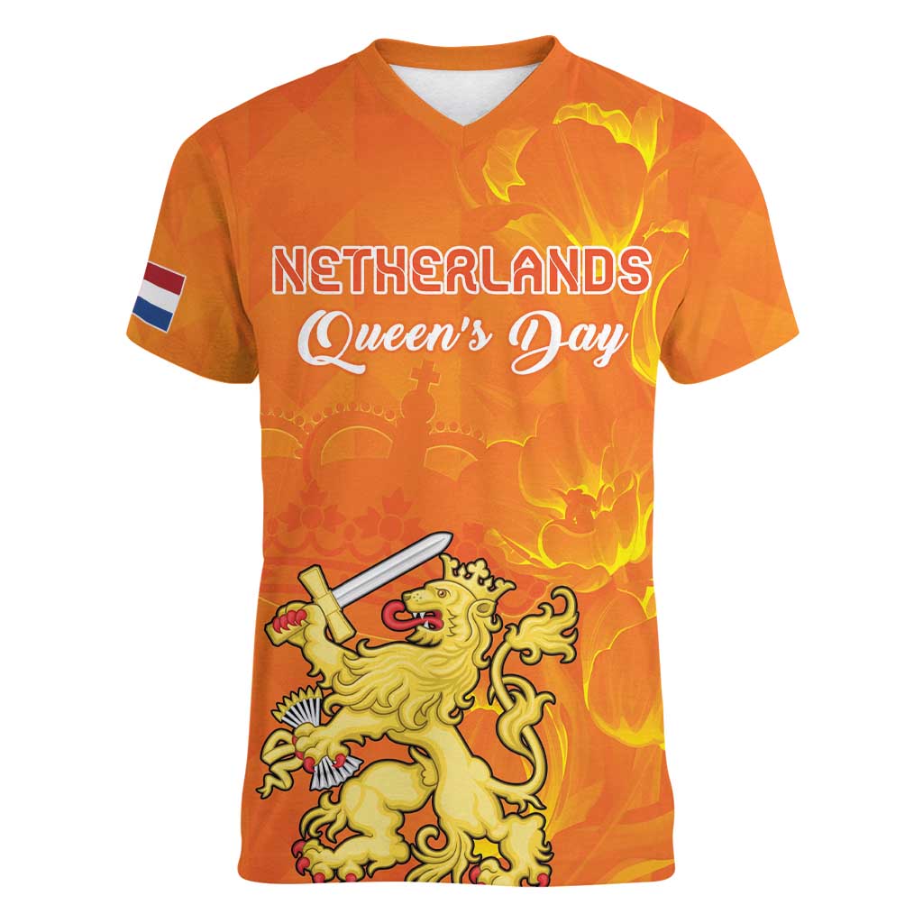 Personalized Netherlands Queen's Day Women V-Neck T-Shirt Koninginnedag Royal Crown