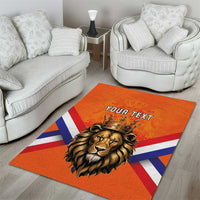Orange rectangular area rug with crowned lion head and Union Jack stripes, 'YOUR TEXT'