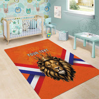 Orange area rug with crowned lion head artwork, Union Jack design, 'YOUR TEXT'