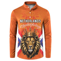 Orange button henley sweatshirt with Netherlands Koningsdag lion crown graphic and flag