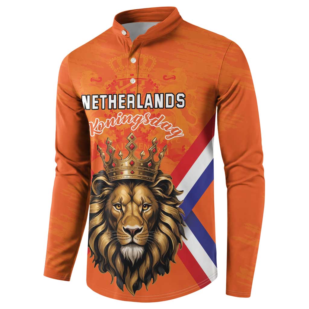 Orange button henley sweatshirt with NETHERLANDS Koningsdag lion crown and flag panel